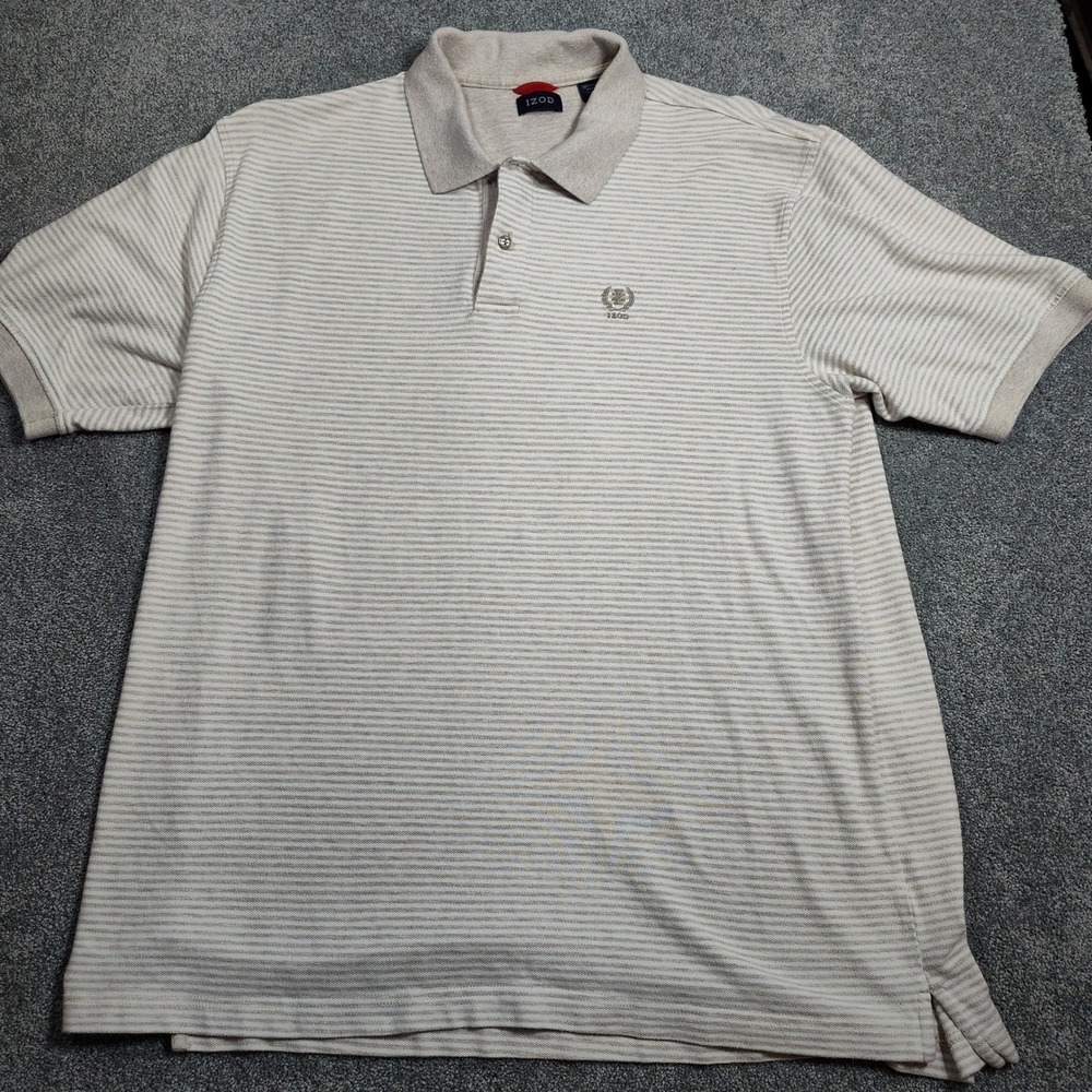 IZOD Mens Striped Polo Shirt Size XL Beige Short Sleeve Casual Classic